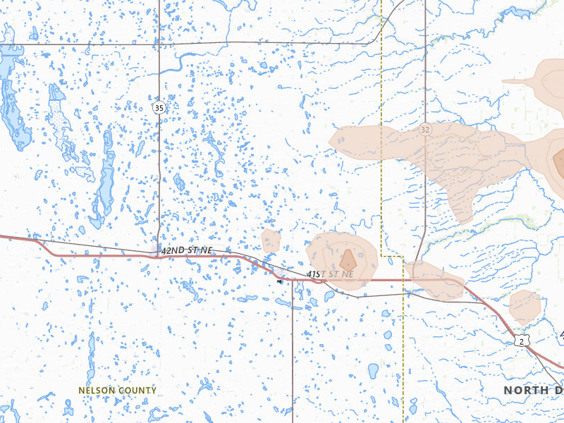 Radar-estimated hail-size map of the storm over Petersburg, ND on Jul 24, 2026