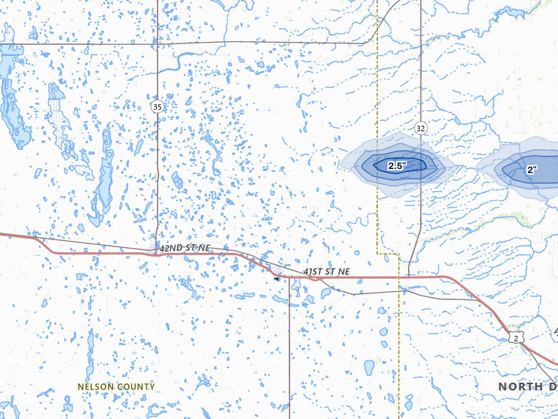 NEXRAD radar-signature map of the hail storm over Petersburg, ND on Jul 24, 2026