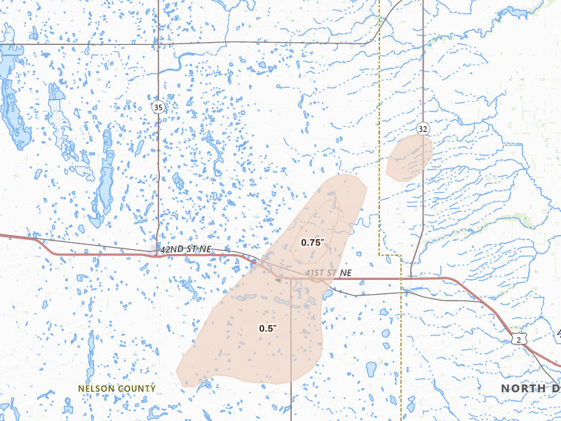 Radar-estimated hail-size map of the storm over Petersburg, ND on Jul 30, 2026