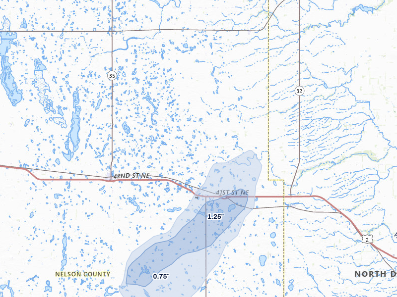 NEXRAD radar-signature map of the hail storm over Petersburg, ND on Jul 30, 2026