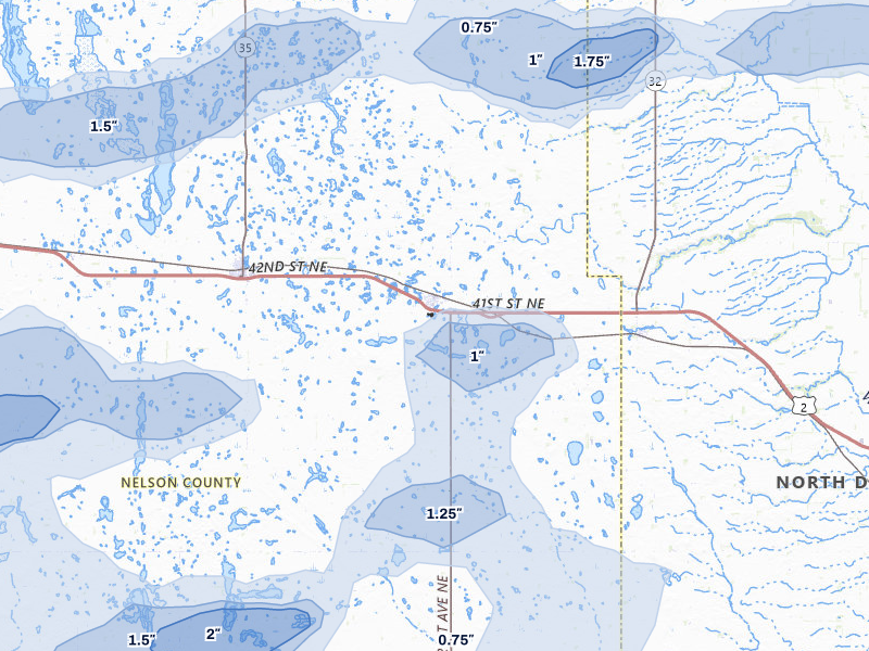 NEXRAD radar-signature map of the hail storm over Petersburg, ND on Aug 2, 2026