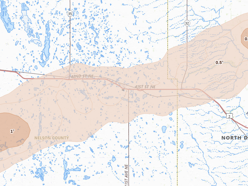 Radar-estimated hail-size map of the storm over Petersburg, ND on Aug 24, 2026