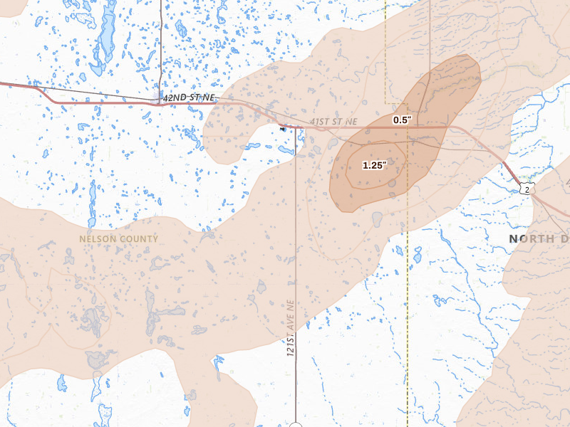 Radar-estimated hail-size map of the storm over Petersburg, ND on Sep 3, 2026