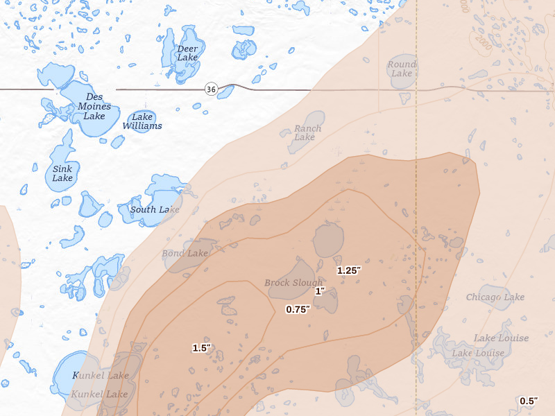 Radar-estimated hail-size map of the storm over Pettibone, ND on Jun 2, 2026