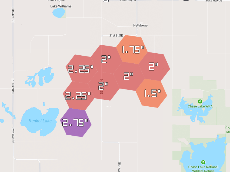Hail map of Pettibone, ND on Jun 2, 2026, hail up to 2.75"