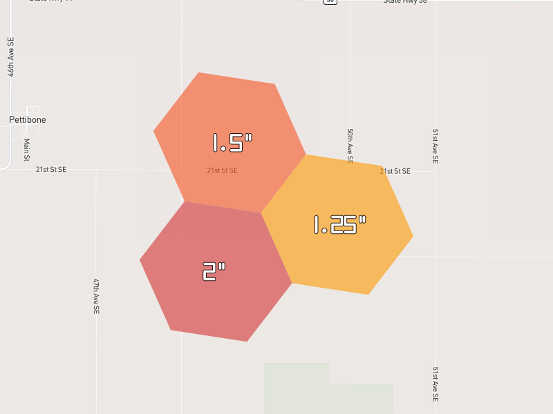 Hail map of Pettibone, ND on Jun 3, 2026, hail up to 2"