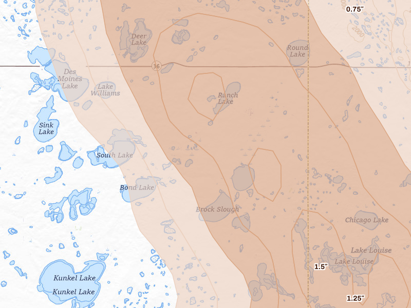 Radar-estimated hail-size map of the storm over Pettibone, ND on Jul 9, 2026