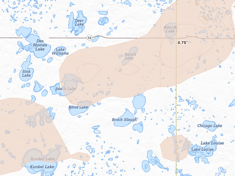 Radar-estimated hail-size map of the storm over Pettibone, ND on Aug 11, 2026