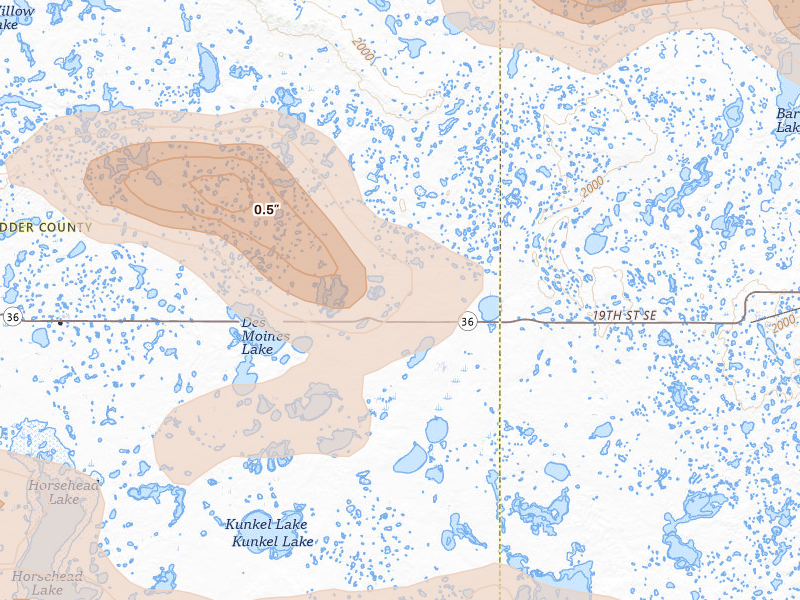 Radar-estimated hail-size map of the storm over Pettibone, ND on Aug 24, 2026