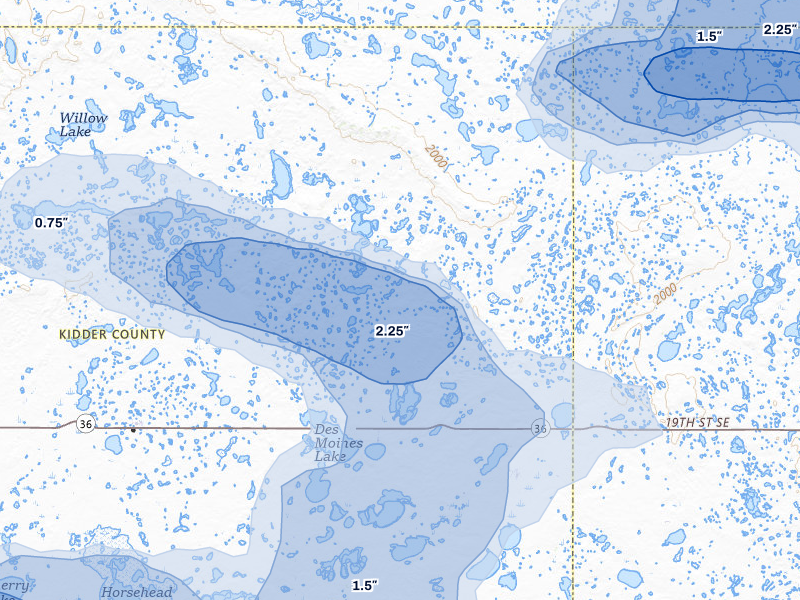 NEXRAD radar-signature map of the hail storm over Pettibone, ND on Aug 24, 2026