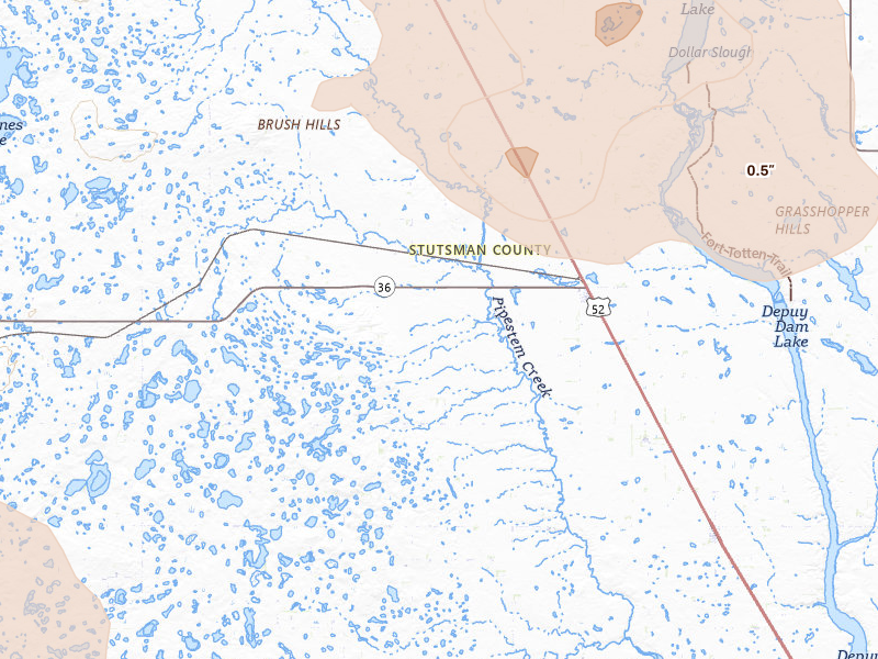 Radar-estimated hail-size map of the storm over Pingree, ND on Jul 9, 2026