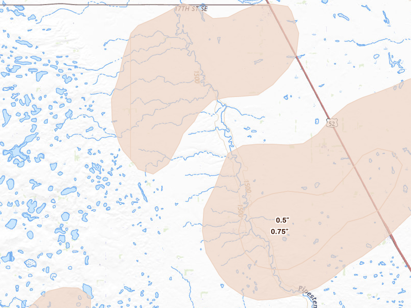 Radar-estimated hail-size map of the storm over Pingree, ND