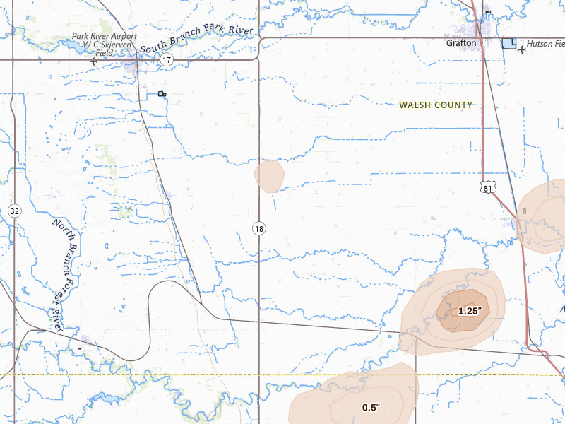 Radar-estimated hail-size map of the storm over Pisek, ND on Jun 29, 2026
