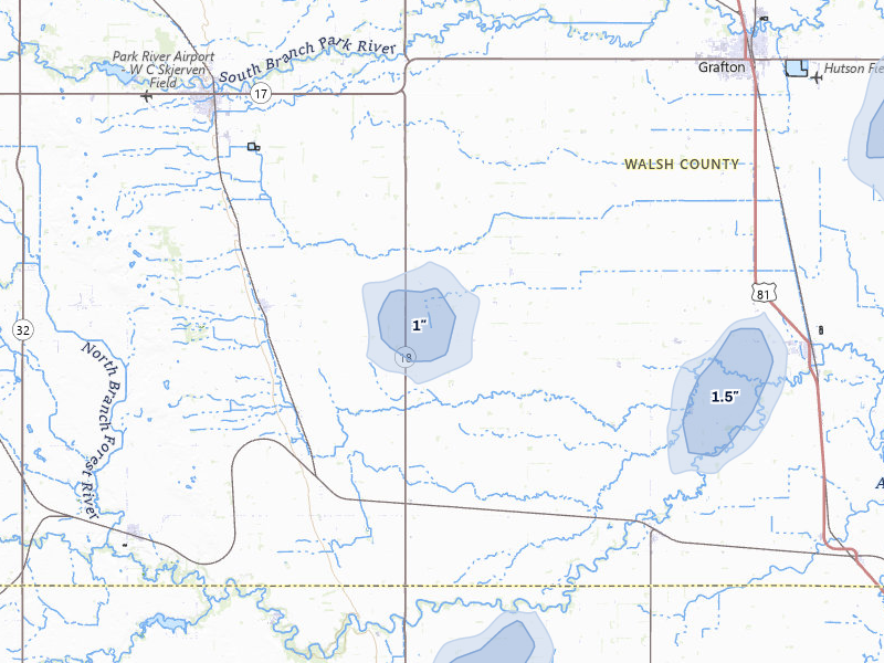 NEXRAD radar-signature map of the hail storm over Pisek, ND on Jun 29, 2026