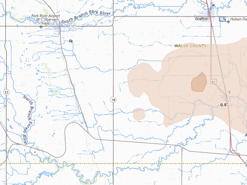Radar-estimated hail-size map of the storm over Pisek, ND on Jul 24, 2026