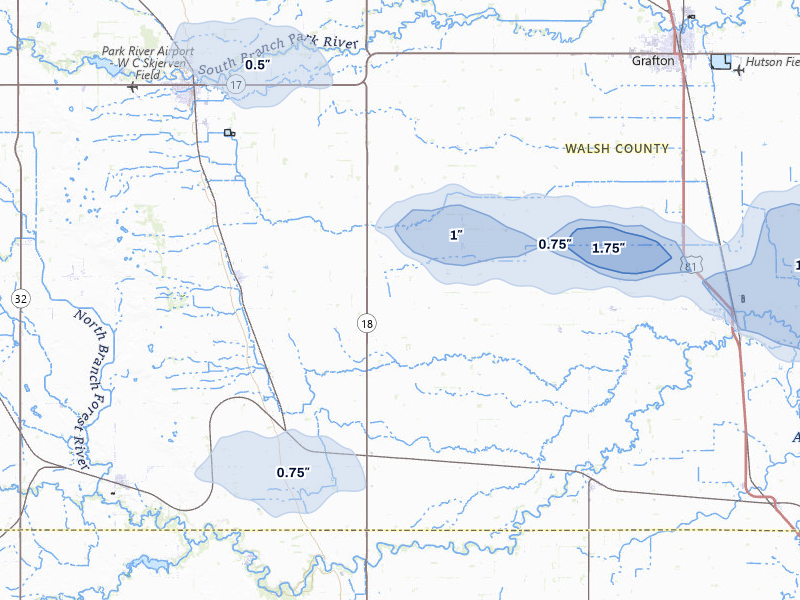 NEXRAD radar-signature map of the hail storm over Pisek, ND on Jul 24, 2026