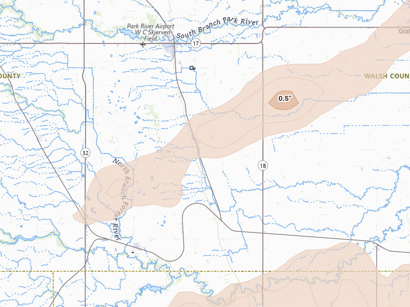Radar-estimated hail-size map of the storm over Pisek, ND