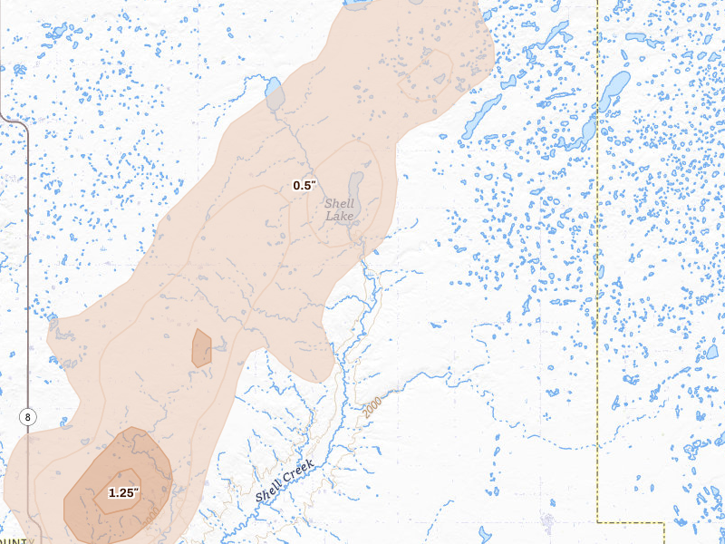 Radar-estimated hail-size map of the storm over Plaza, ND on Jun 6, 2026