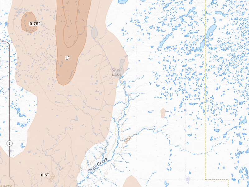Radar-estimated hail-size map of the storm over Plaza, ND on Jun 7, 2026