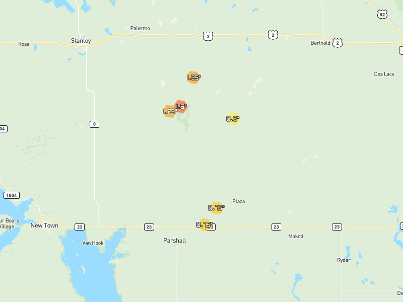 Hail map of Plaza, ND on Jun 7, 2026, hail up to 1.5"