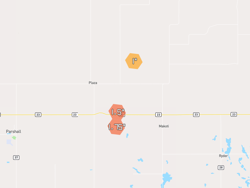 Hail map of Plaza, ND on Jun 9, 2026, hail up to 1.75"