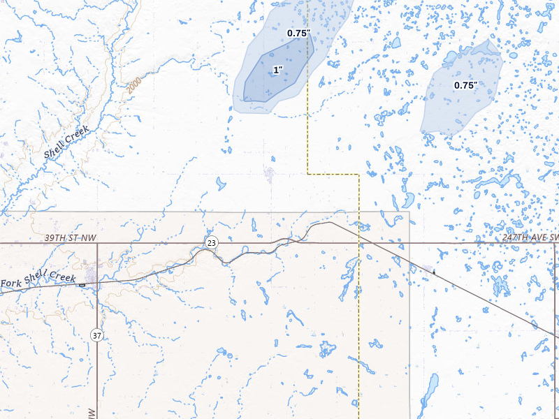 NEXRAD radar-signature map of the hail storm over Plaza, ND on Aug 23, 2026