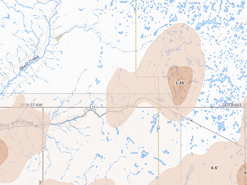 Radar-estimated hail-size map of the storm over Plaza, ND on Sep 2, 2026