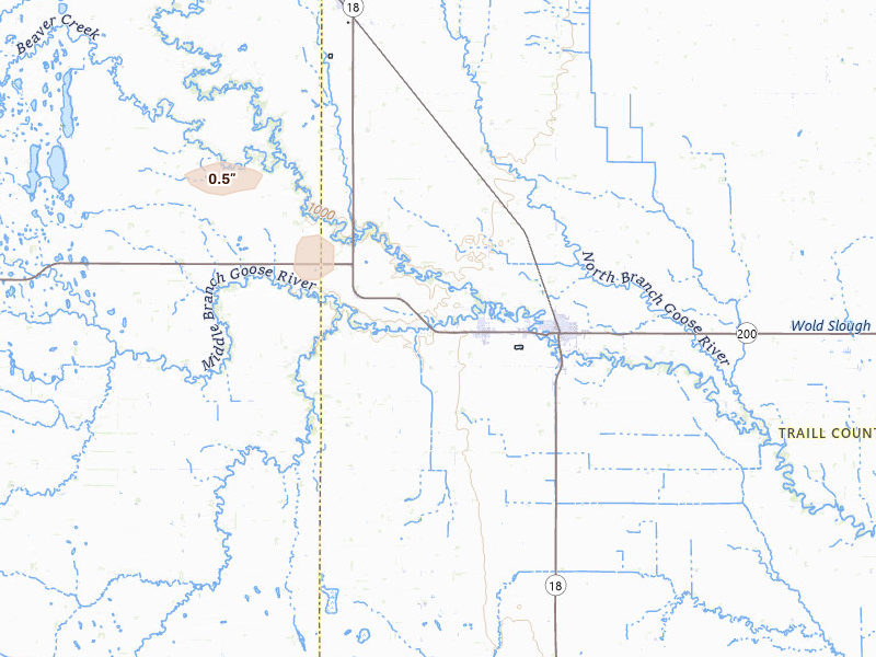 Radar-estimated hail-size map of the storm over Portland, ND on May 26, 2026