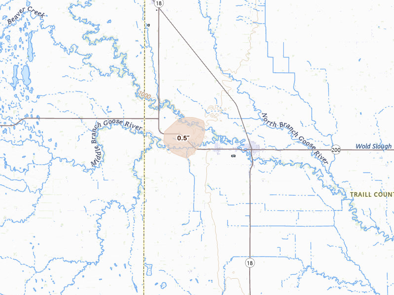 Radar-estimated hail-size map of the storm over Portland, ND on Jun 3, 2026
