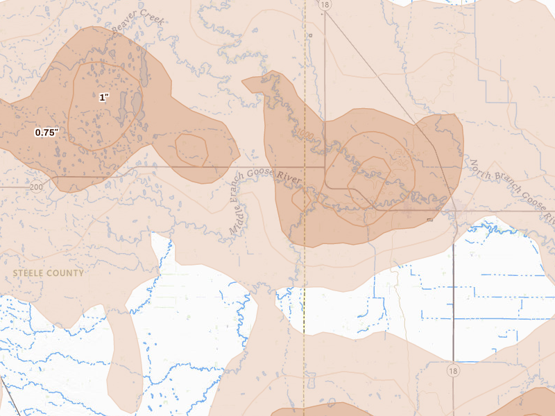 Radar-estimated hail-size map of the storm over Portland, ND