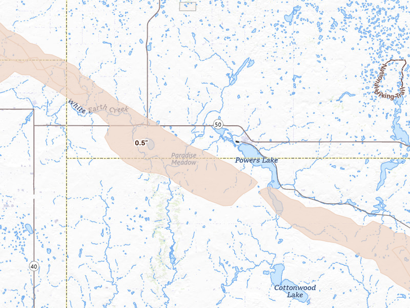 Radar-estimated hail-size map of the storm over Powers Lake, ND