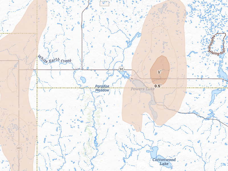 Radar-estimated hail-size map of the storm over Powers Lake, ND on Jun 7, 2026