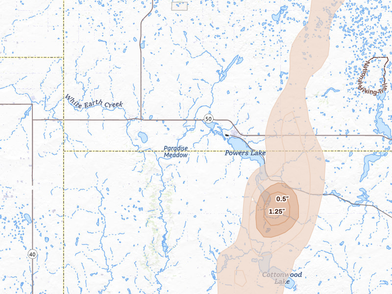 Radar-estimated hail-size map of the storm over Powers Lake, ND on Jun 9, 2026