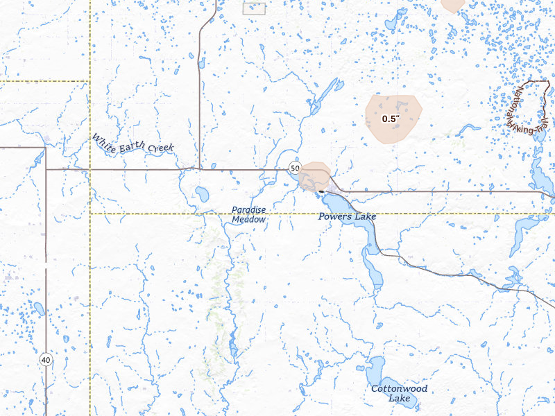 Radar-estimated hail-size map of the storm over Powers Lake, ND on Jun 28, 2026
