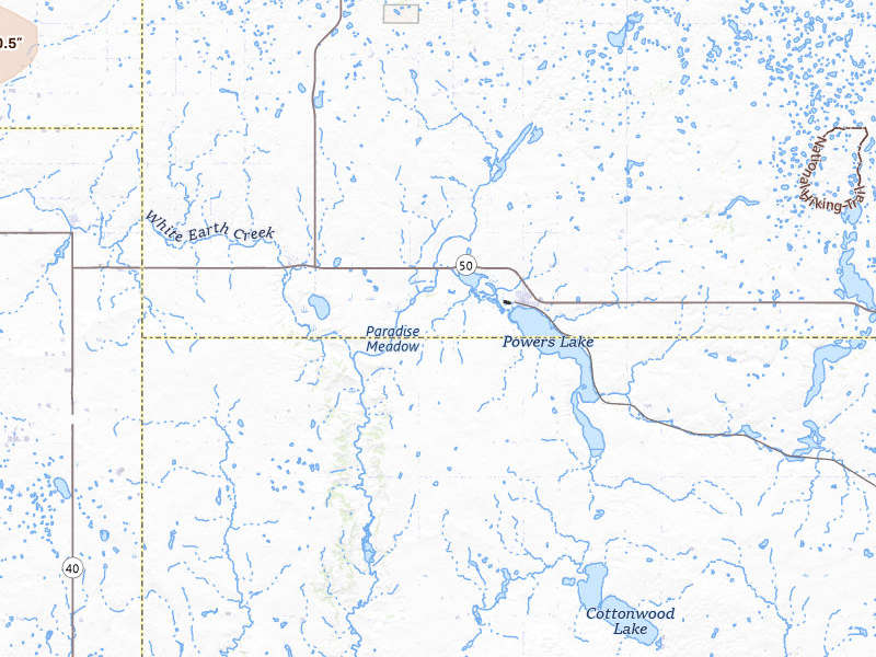 Radar-estimated hail-size map of the storm over Powers Lake, ND on Jul 14, 2026