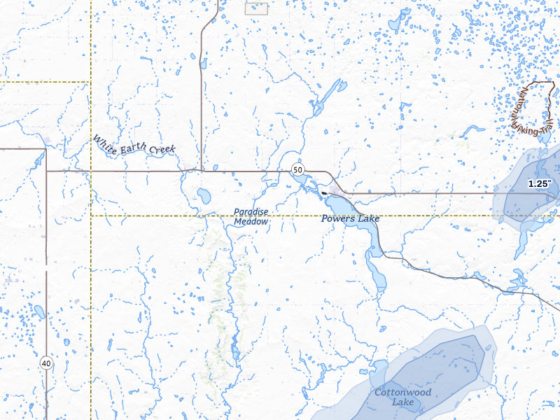 NEXRAD radar-signature map of the hail storm over Powers Lake, ND on Jul 29, 2026