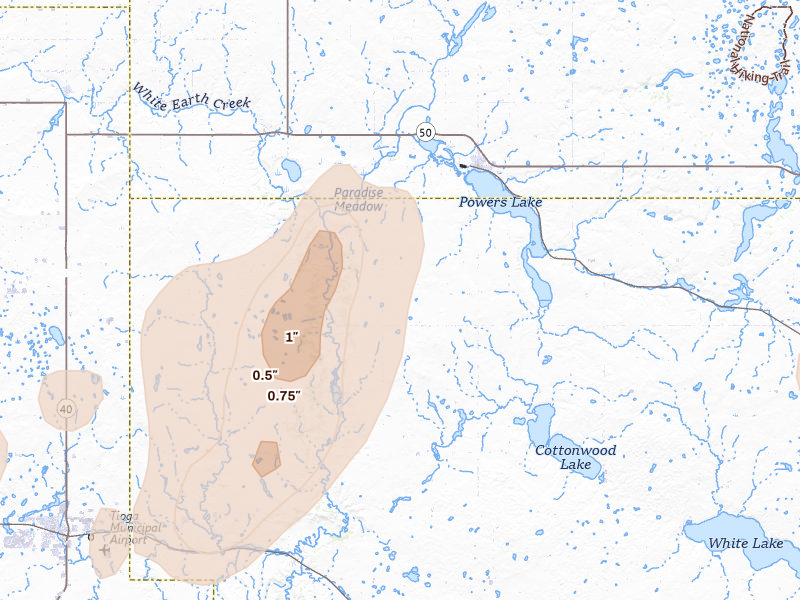 Radar-estimated hail-size map of the storm over Powers Lake, ND on Aug 30, 2026