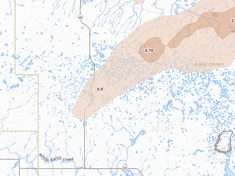 Radar-estimated hail-size map of the storm over Powers Lake, ND