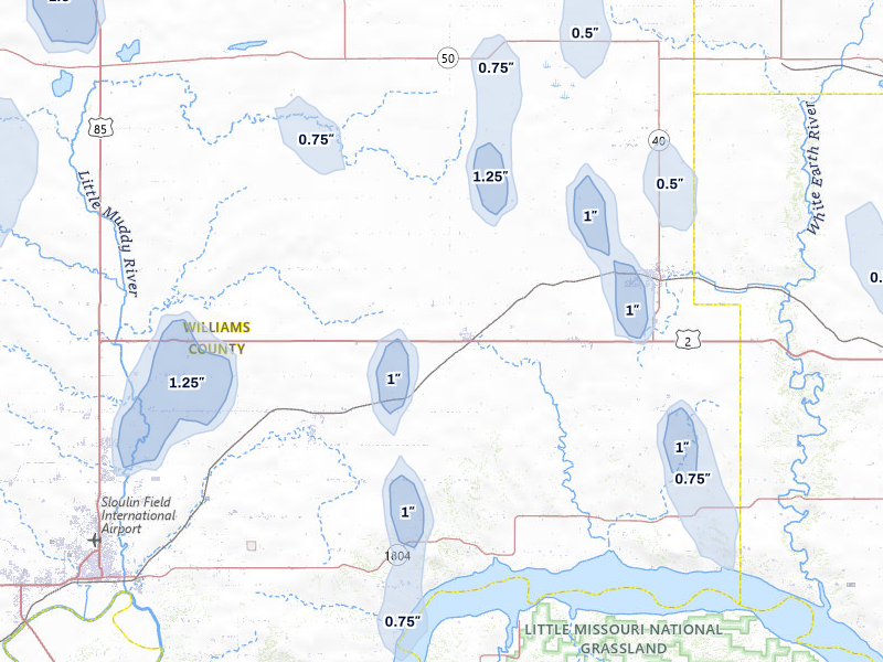 NEXRAD radar-signature map of the hail storm over Ray, ND on Jun 27, 2026