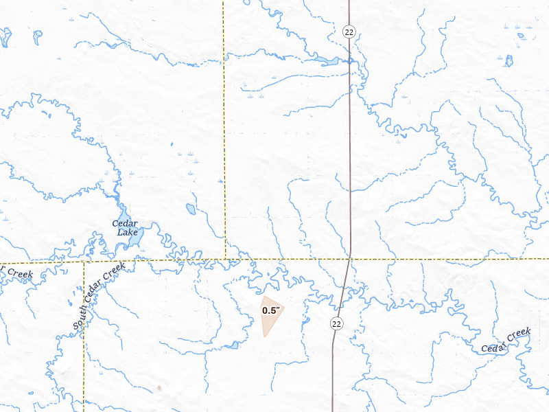 Radar-estimated hail-size map of the storm over Reeder, ND on Jun 2, 2026