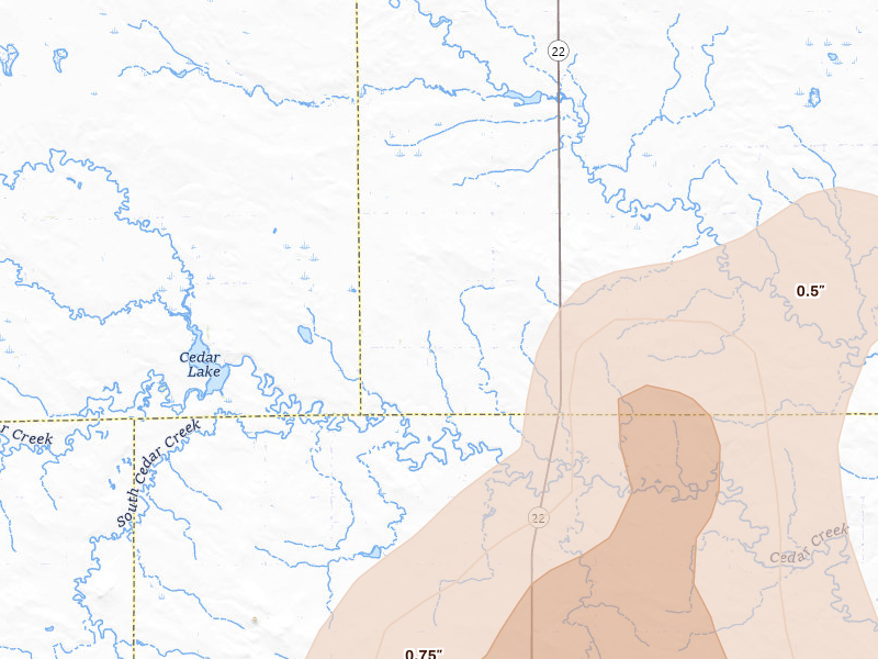 Radar-estimated hail-size map of the storm over Reeder, ND on Jun 7, 2026