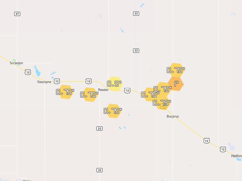 Hail map of Reeder, ND on Jul 2, 2026, hail up to 1"