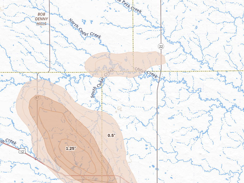 Radar-estimated hail-size map of the storm over Reeder, ND on Aug 10, 2026