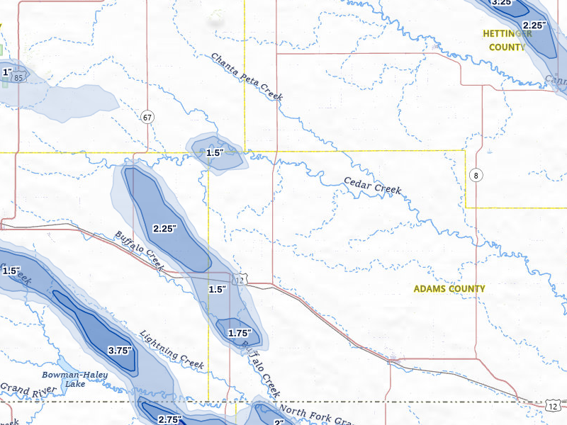 NEXRAD radar-signature map of the hail storm over Reeder, ND on Aug 10, 2026