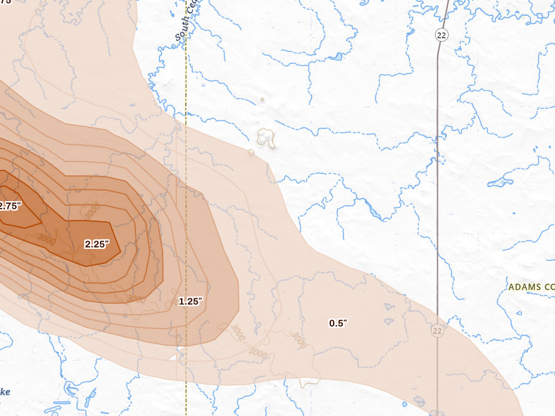 Radar-estimated hail-size map of the storm over Reeder, ND on Aug 11, 2026