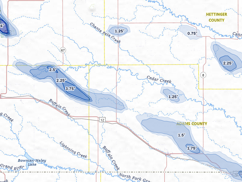 NEXRAD radar-signature map of the hail storm over Reeder, ND on Aug 11, 2026