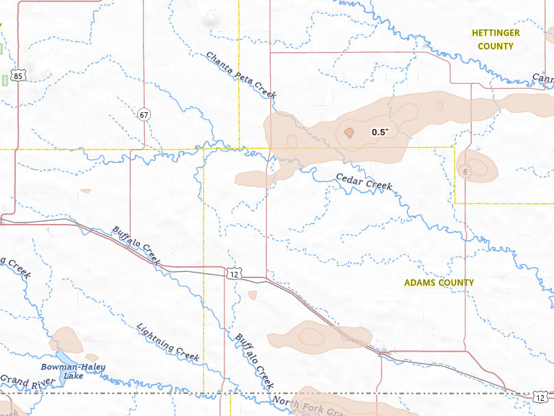 Radar-estimated hail-size map of the storm over Reeder, ND on Aug 17, 2026