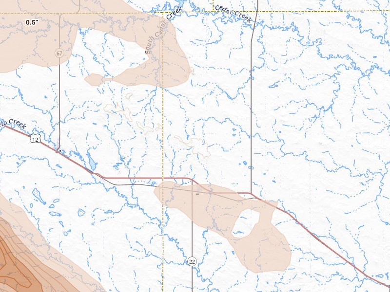 Radar-estimated hail-size map of the storm over Reeder, ND on Aug 23, 2026