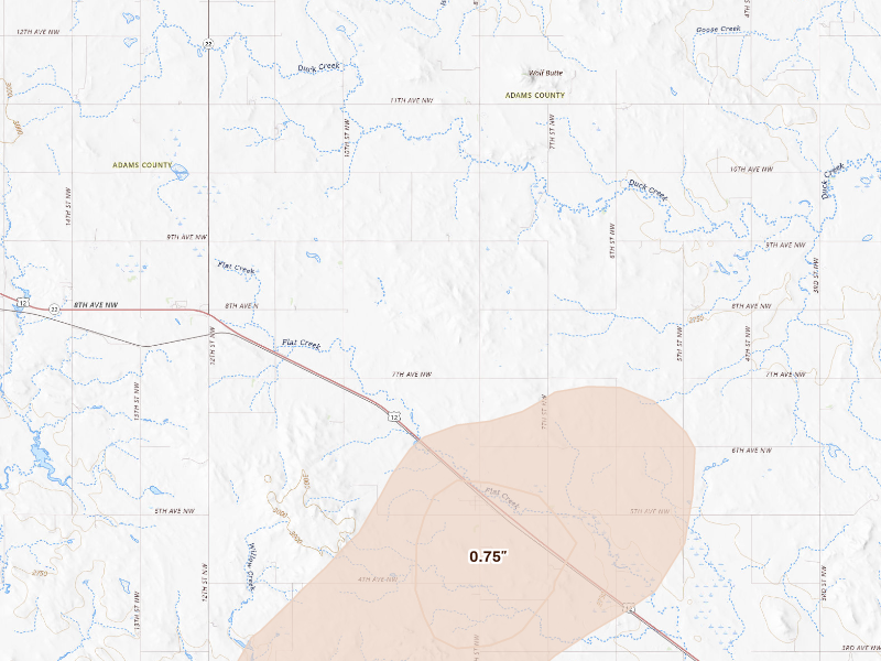 Radar-estimated hail-size map of the storm over Reeder, ND on Sep 23, 2026