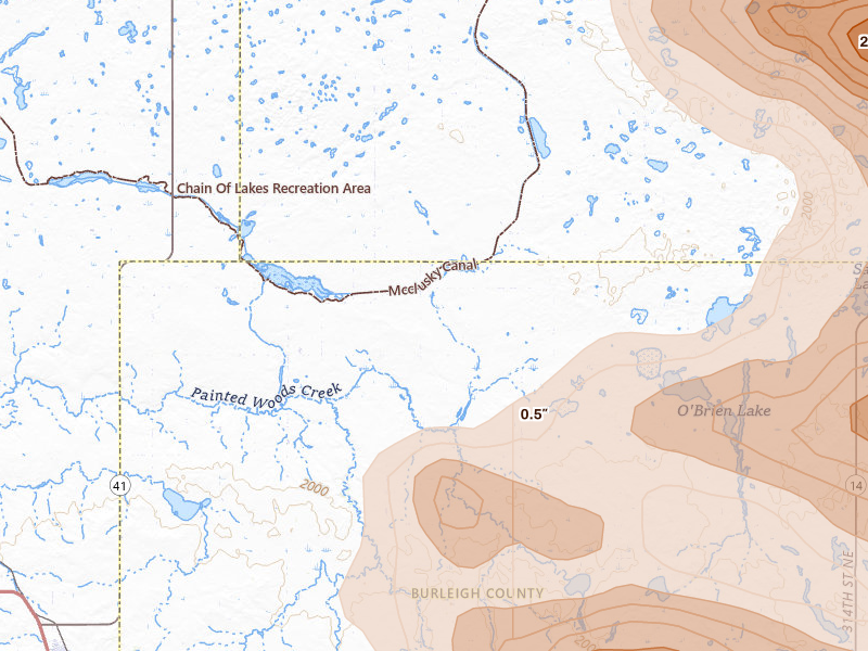Radar-estimated hail-size map of the storm over Regan, ND on Jul 9, 2026